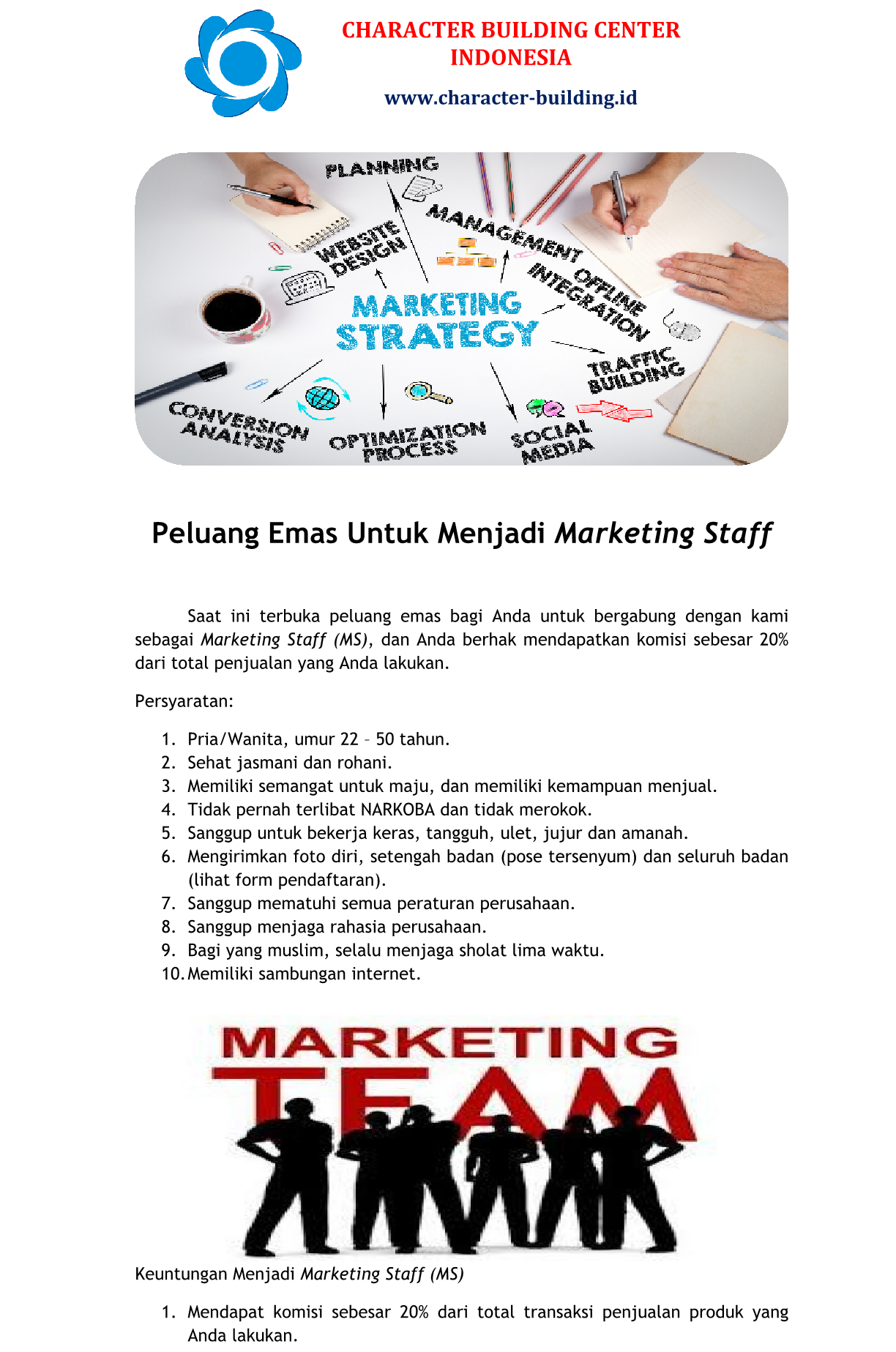 PELUANG MENJADI MARKETING STAFF CBCI